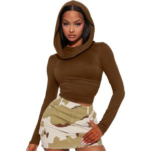 imageKaximil Womens Basic Tight Long Sleeve T Shirts Ruched Going Out Crop TopsCoffee
