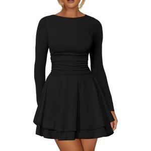 imageKaximil Womens Crew Neck Long Sleeve Corset Mini Dress Ruffle Hem Short Party Club DressesBlack