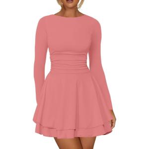 imageKaximil Womens Crew Neck Long Sleeve Corset Mini Dress Ruffle Hem Short Party Club DressesWater Pink