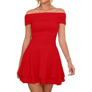 imageKaximil Womens Off The Shoulder Mini Dress Ruffle Hem Ruched Corset Short Cocktail Party DressesRed