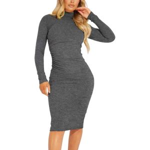 imageKaximil Womens Ribbed Basic Casual Midi Dress Long Sleeve Bodycon Ruched Club DressesDark Grey