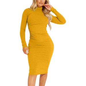 imageKaximil Womens Ribbed Basic Casual Midi Dress Long Sleeve Bodycon Ruched Club DressesMustard