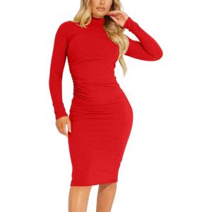 imageKaximil Womens Ribbed Basic Casual Midi Dress Long Sleeve Bodycon Ruched Club DressesRed