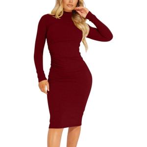 imageKaximil Womens Ribbed Basic Casual Midi Dress Long Sleeve Bodycon Ruched Club DressesWine Red