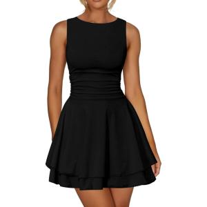 imageKaximil Womens Ruffle Hem Boat Neck Mini Dress Sleeveless Ruched Corset Short Party DressesBlack