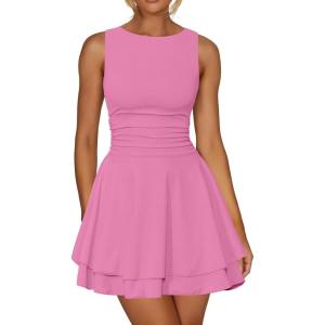 imageKaximil Womens Ruffle Hem Boat Neck Mini Dress Sleeveless Ruched Corset Short Party DressesPink