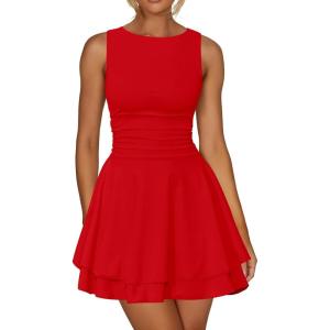 imageKaximil Womens Ruffle Hem Boat Neck Mini Dress Sleeveless Ruched Corset Short Party DressesRed