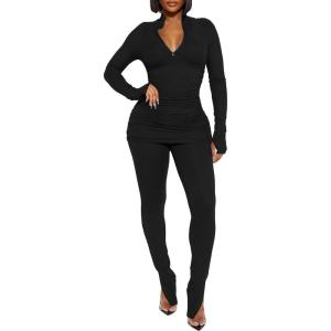 imageKaximil Womens Sexy 2 Piece Outfits Sweatsuits Half Zip Tracksuit Long Sleeve Ribbed Legging Pants SetBlack