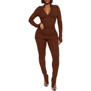 imageKaximil Womens Sexy 2 Piece Outfits Sweatsuits Half Zip Tracksuit Long Sleeve Ribbed Legging Pants SetCoffee