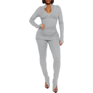 imageKaximil Womens Sexy 2 Piece Outfits Sweatsuits Half Zip Tracksuit Long Sleeve Ribbed Legging Pants SetGrey