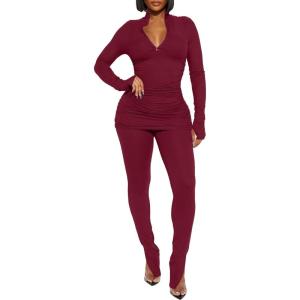 imageKaximil Womens Sexy 2 Piece Outfits Sweatsuits Half Zip Tracksuit Long Sleeve Ribbed Legging Pants SetWine Red