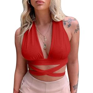 imageKaximil Womens Sexy Backless Cami Sleeveless Self Tie Criss Cross Halter Crop Tank TopRed