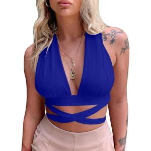 imageKaximil Womens Sexy Backless Cami Sleeveless Self Tie Criss Cross Halter Crop Tank TopRoyal Blue
