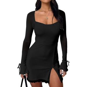 imageKaximil Womens Sexy Bodycon Mesh Long Sleeve Square Neck Slit Party Short Mini DressBlack