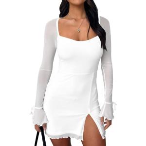 imageKaximil Womens Sexy Bodycon Mesh Long Sleeve Square Neck Slit Party Short Mini DressWhite