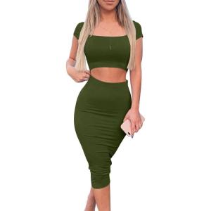imageKaximil Womens Sexy Bodycon Midi Club Dresses Basic Casual 2 Piece Outfits Crop Top Skirt SetArmy Green