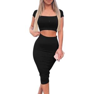 imageKaximil Womens Sexy Bodycon Midi Club Dresses Basic Casual 2 Piece Outfits Crop Top Skirt SetBlack