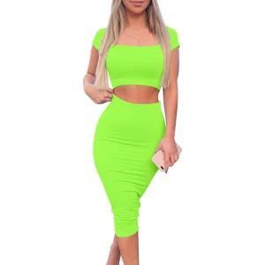 imageKaximil Womens Sexy Bodycon Midi Club Dresses Basic Casual 2 Piece Outfits Crop Top Skirt SetFluo Green