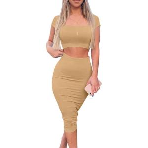 imageKaximil Womens Sexy Bodycon Midi Club Dresses Basic Casual 2 Piece Outfits Crop Top Skirt SetKhaki