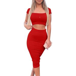 imageKaximil Womens Sexy Bodycon Midi Club Dresses Basic Casual 2 Piece Outfits Crop Top Skirt SetRed