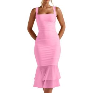 imageKaximil Womens Sexy Bodycon Ruched Square Neck Midi Dresses Elegant Sleeveless Ruffle Cocktail Party DressPink