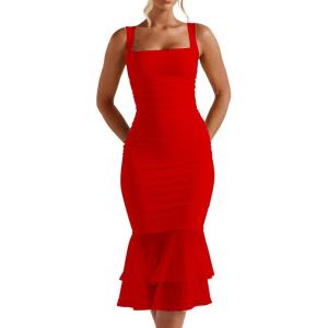 imageKaximil Womens Sexy Bodycon Ruched Square Neck Midi Dresses Elegant Sleeveless Ruffle Cocktail Party DressRed