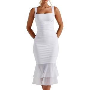 imageKaximil Womens Sexy Bodycon Ruched Square Neck Midi Dresses Elegant Sleeveless Ruffle Cocktail Party DressWhite