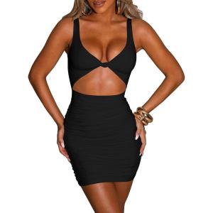 imageKaximil Womens Sexy Bodycon Sleeveless Cut Out Ruched Tank Mini Club Party DressesBlack