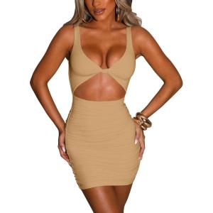 imageKaximil Womens Sexy Bodycon Sleeveless Cut Out Ruched Tank Mini Club Party DressesKhaki
