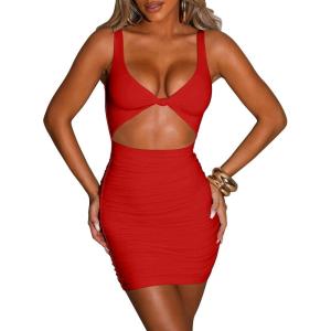 imageKaximil Womens Sexy Bodycon Sleeveless Cut Out Ruched Tank Mini Club Party DressesRed
