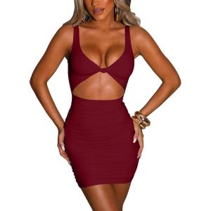 imageKaximil Womens Sexy Bodycon Sleeveless Cut Out Ruched Tank Mini Club Party DressesWine Red
