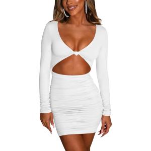 imageKaximil Womens Sexy Bodycon Sleeveless Cut Out Ruched Tank Mini Club Party DressesZwhite