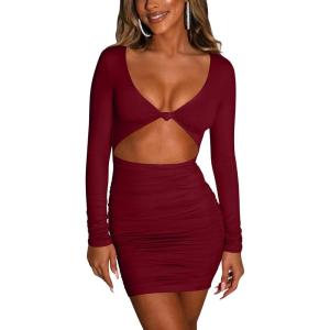 imageKaximil Womens Sexy Bodycon Sleeveless Cut Out Ruched Tank Mini Club Party DressesZwine Red