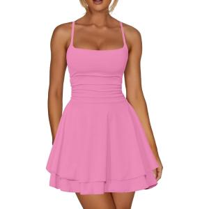 imageKaximil Womens Sexy Ruffle Mini Dress Spaghetti Strap Ruched Corset Party Club Short DressesPink
