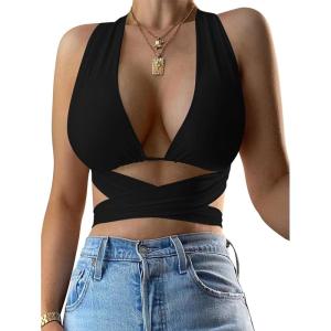 imageKaximil Womens Sexy Sleeveless Halter Criss Cross Cami Lace Up Self Tie Tank Crop TopsBlack