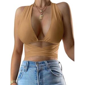 imageKaximil Womens Sexy Sleeveless Halter Criss Cross Cami Lace Up Self Tie Tank Crop TopsKhaki