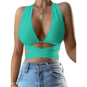 imageKaximil Womens Sexy Sleeveless Halter Criss Cross Cami Lace Up Self Tie Tank Crop TopsLight Blue