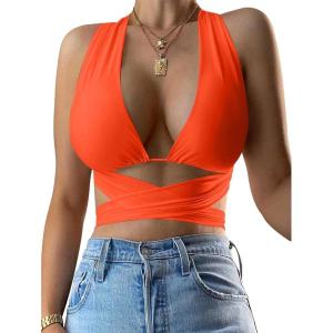 imageKaximil Womens Sexy Sleeveless Halter Criss Cross Cami Lace Up Self Tie Tank Crop TopsOrange