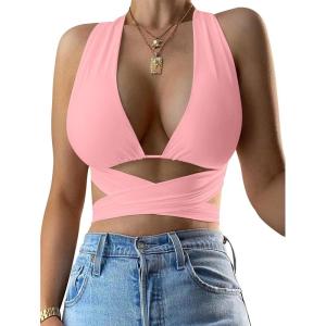 imageKaximil Womens Sexy Sleeveless Halter Criss Cross Cami Lace Up Self Tie Tank Crop TopsPink