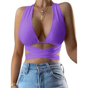 imageKaximil Womens Sexy Sleeveless Halter Criss Cross Cami Lace Up Self Tie Tank Crop TopsPurple