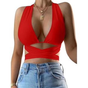 imageKaximil Womens Sexy Sleeveless Halter Criss Cross Cami Lace Up Self Tie Tank Crop TopsRed