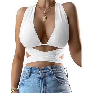 imageKaximil Womens Sexy Sleeveless Halter Criss Cross Cami Lace Up Self Tie Tank Crop TopsWhite