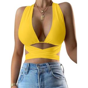 imageKaximil Womens Sexy Sleeveless Halter Criss Cross Cami Lace Up Self Tie Tank Crop TopsYellow