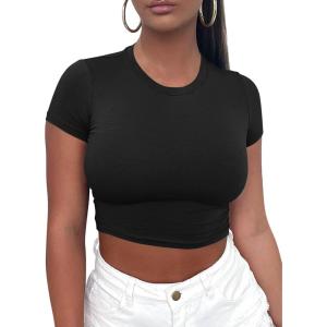 imageKaximil Womens Short Sleeve Crop Tops Cute Casual Basic Crew Neck Tight T ShirtsBlack
