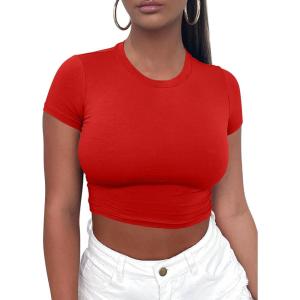 imageKaximil Womens Short Sleeve Crop Tops Cute Casual Basic Crew Neck Tight T ShirtsRed