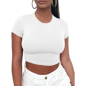 imageKaximil Womens Short Sleeve Crop Tops Cute Casual Basic Crew Neck Tight T ShirtsWhite