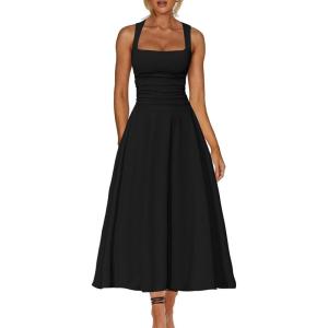 imageKaximil Womens Square Neck Corset A Line Maxi Dress Ruffle Ruched Waist Flowy Long DressesBlack