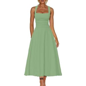 imageKaximil Womens Square Neck Corset A Line Maxi Dress Ruffle Ruched Waist Flowy Long DressesPea Green