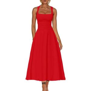 imageKaximil Womens Square Neck Corset A Line Maxi Dress Ruffle Ruched Waist Flowy Long DressesRed
