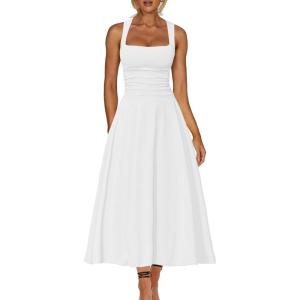 imageKaximil Womens Square Neck Corset A Line Maxi Dress Ruffle Ruched Waist Flowy Long DressesWhite
